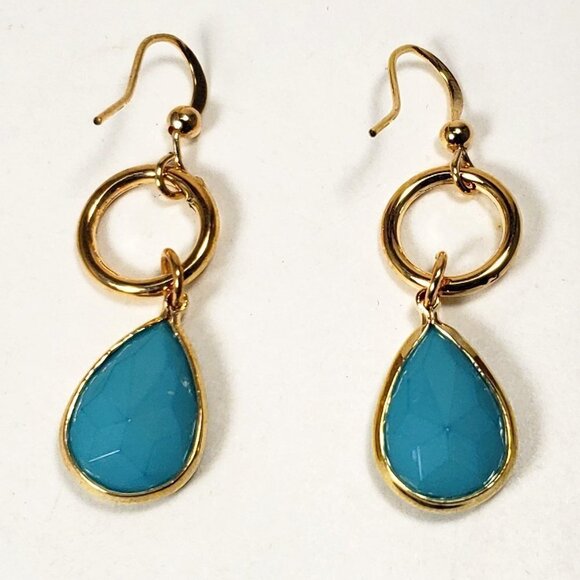Women's Turquoise Dangle Earrings - Small Hoop Polished Gold Tone Drop Jewelry - Picture 3 of 9